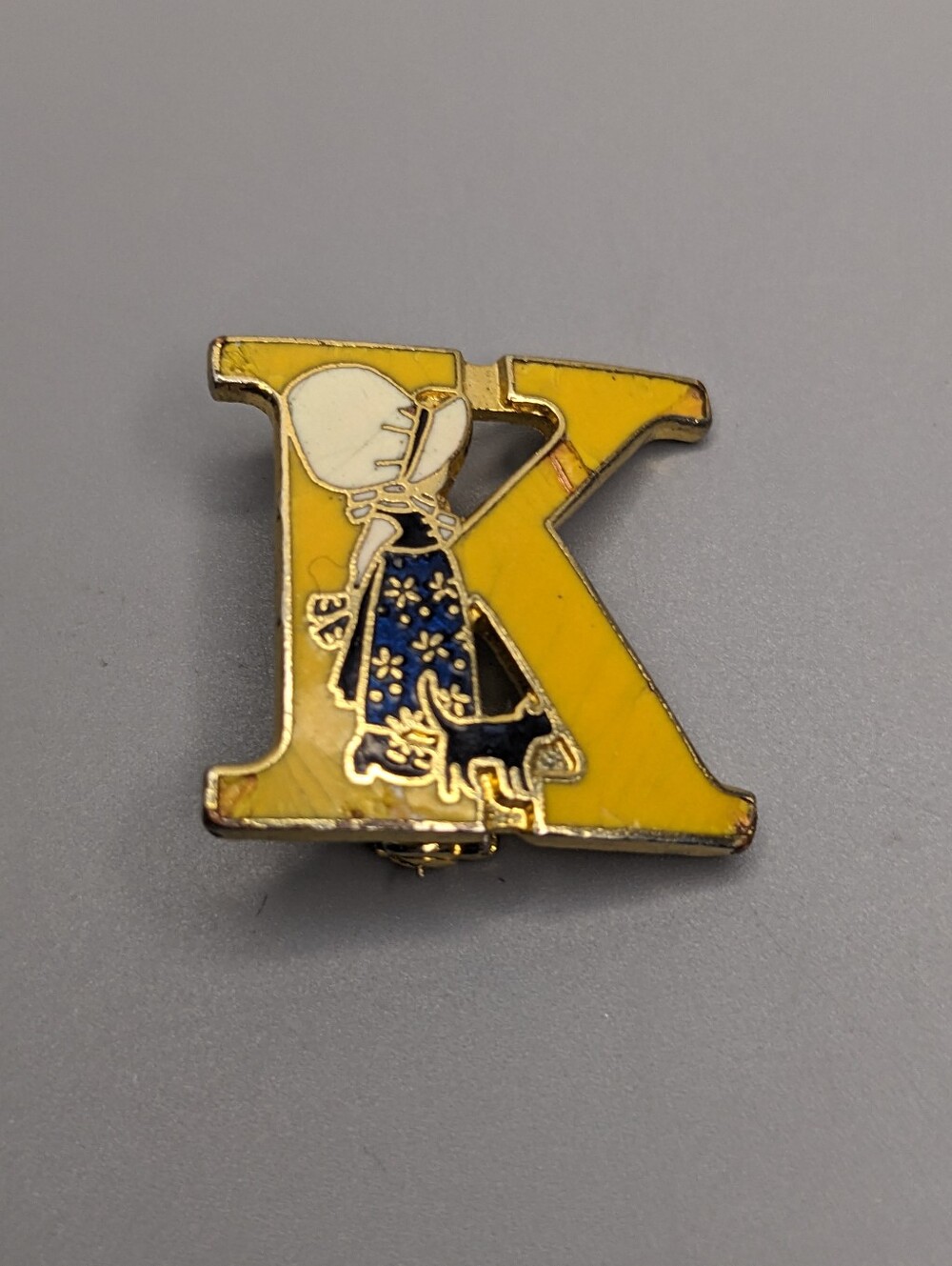 Vintage Holly Hobbie Carlton Cards Taiwan Enamel Pin Letter K Blue Dress Design